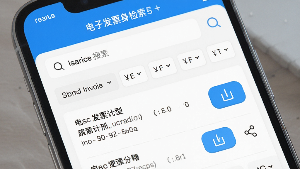 电子发票随身管家检索与导出界面,手机屏幕显示搜索框和筛选条件,下方列出匹配的发票条目,旁边有导出按钮和分享图标,风格清爽,画质细腻,无杂乱元素