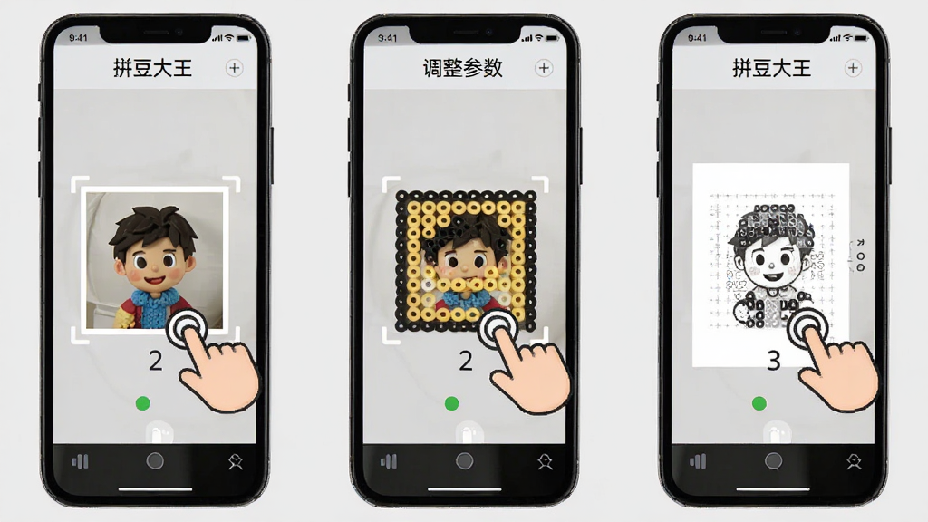 拼豆大王新手操作示意图,画面为手机屏幕截图风格,展示拼豆大王照片转图纸操作步骤,屏幕中分三步显示:选择照片、调整参数、生成图纸,每一步配有手指点击图标,背景为浅灰色,风格简洁明了,画质清晰,干净无多余元素,屏幕中文字标注