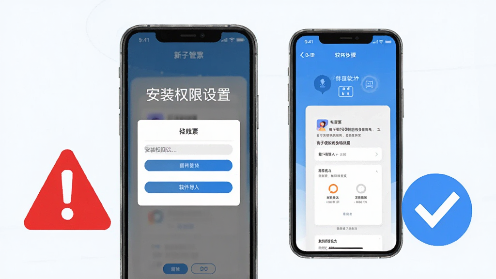 电子发票随身管家新手操作示意图,手机屏幕显示安装权限设置界面与软件导入步骤,旁边有红色警示标志和蓝色对勾图标,风格直观清晰,画质干净