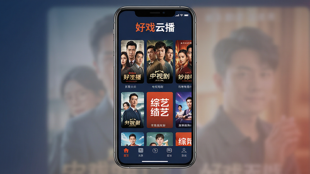 好戏云播软件主界面全貌展示,手机屏幕居中放置,界面顶部显示“好戏云播”文字标识,中间为影视海报网格布局,包含电影、电视剧、综艺等分类入口,底部导航栏清晰可见,整体配色以深蓝与橙红为主,风格现代简洁,细节精致,画质高清,画面干净,无多余元素