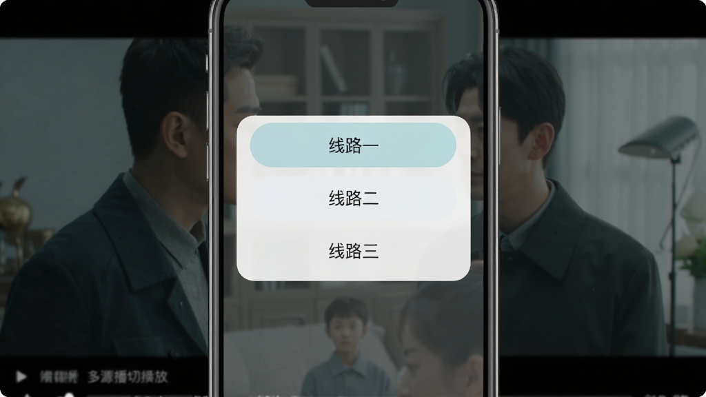 好戏云播多源播放切换功能界面,手机屏幕中央弹出播放线路选择窗口,列出“线路一”“线路二”“线路三”等选项,背景为正在播放的视频画面,界面风格简洁扁平,配色柔和,细节清晰,画质高清,干净无多余元素