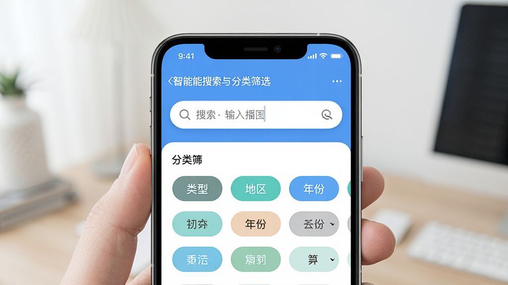 好戏云播智能搜索与分类筛选界面,手机屏幕上半部分为搜索框输入状态,下半部分展示分类筛选标签,包括“类型”“地区”“年份”等筛选项,标签以胶囊按钮形式排列,配色清新,排版有序,画质高清,干净无多余元素