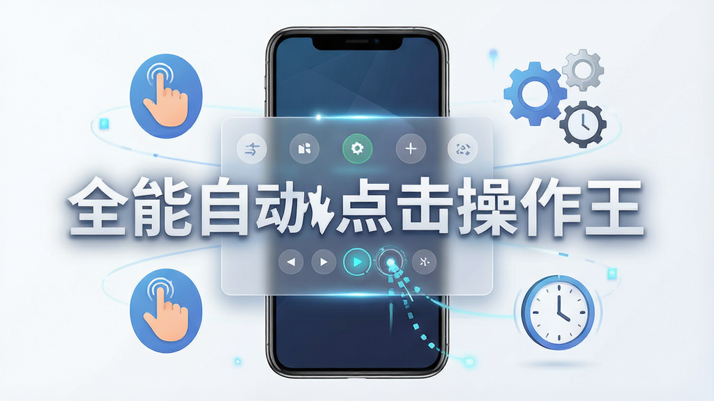 一张展现全能自动点击操作王软件界面的概念图,画面中央是一部智能手机,屏幕显示悬浮控制面板和点击轨迹动画,周围环绕着手势图标、齿轮、时钟等自动化元素,布局简洁明了,排版突出软件名称