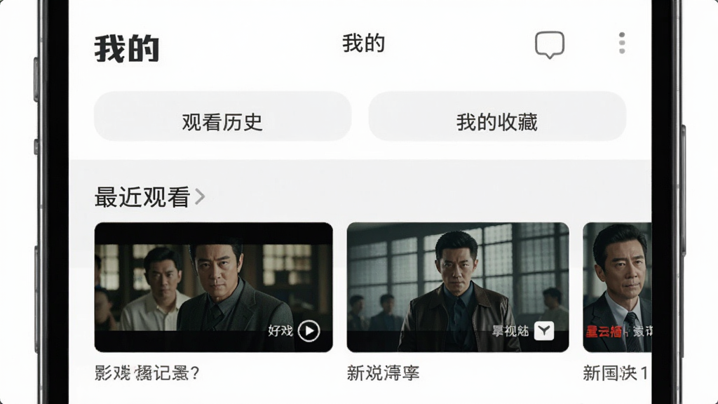 好戏云播观看历史与收藏夹功能界面,手机屏幕展示“我的”页面,包含“观看历史”和“我的收藏”两个入口,下方列出最近观看的影视记录缩略图,界面布局清爽,配色以白色和浅灰为主,画质高清,干净无多余元素
