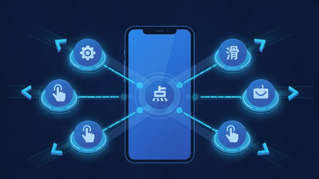 一张展示全能自动点击操作王多模式点击引擎的示意图,主体为手机屏幕上的多个操作节点,分别标注单点、滑动、长按图标,布局呈放射状排列,排版清晰,风格为科技蓝调扁平插画,细节包括光晕连线和动态箭头,画质清晰,画面干净,无多余元素