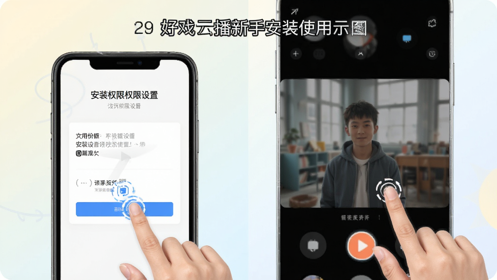 好戏云播新手安装使用示意图,手机屏幕展示安装权限设置页面和播放界面,画面中有手指点击操作示意,背景为浅色渐变,风格简洁明了,细节清晰,画质高清,干净无多余元素