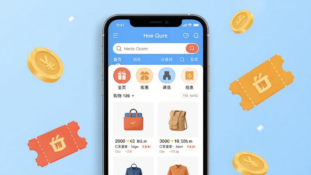购物实惠多多省APP主界面展示图,画面中央放置一部智能手机,屏幕显示购物实惠多多省应用首页,页面包含搜索框、分类图标和商品推荐列表,背景为浅蓝色渐变,周围漂浮金币和优惠券图标,整体风格清新明快,扁平化设计,画质清晰干净,无多余元素