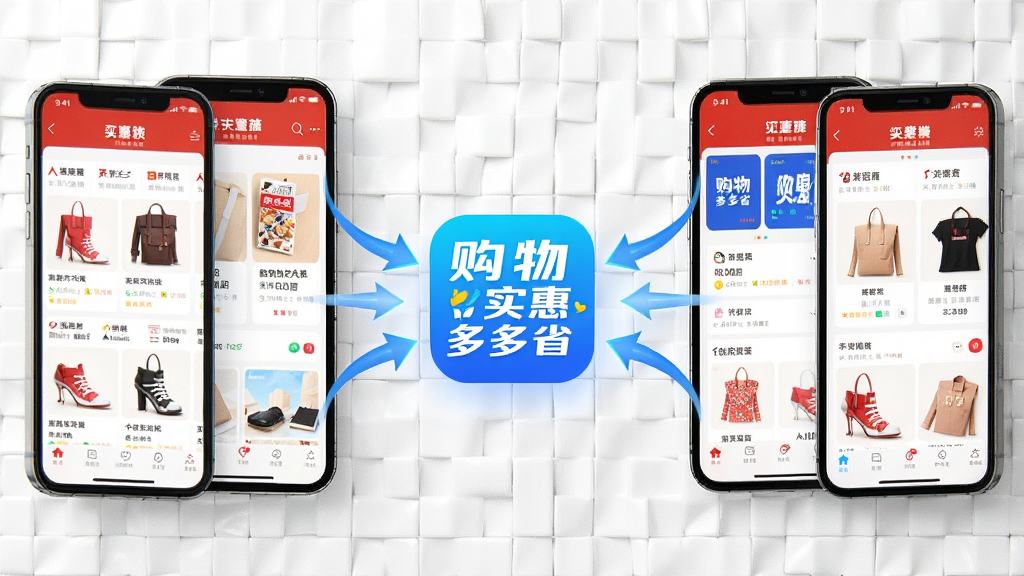 购物实惠多多省优惠聚合功能展示图,画面中多部手机并排展示不同电商平台界面,通过箭头汇聚到一个中心应用图标上,中心图标标注
