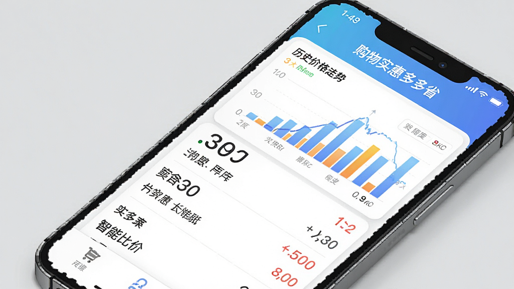 购物实惠多多省智能比价界面展示图,画面展示手机屏幕上的价格对比列表,包含柱状图显示历史价格走势,界面标注