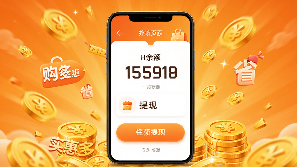 购物实惠多多省返利提现页面展示图,画面中央手机屏幕显示余额数字和提现按钮,周围有金币飘落效果,界面标注