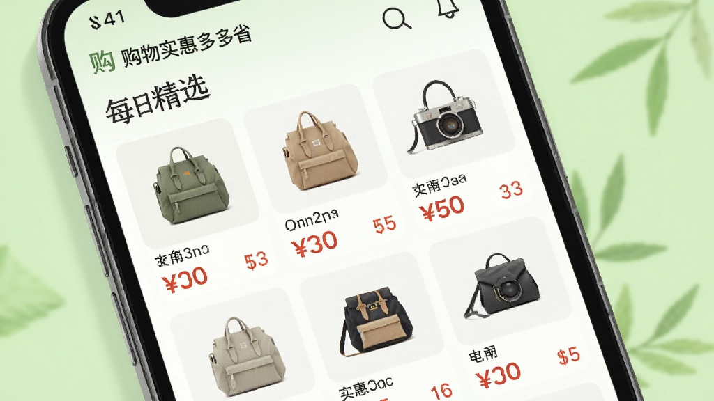 购物实惠多多省每日精选推荐页面展示图,画面展示手机屏幕上的商品卡片列表,每张卡片包含商品图片和价格标签,顶部有