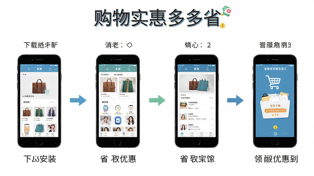 购物实惠多多省移动端操作步骤示意图,画面以流程图形式展示从下载安装到领取优惠的四个步骤,每个步骤配手机界面缩略图,顶部标注