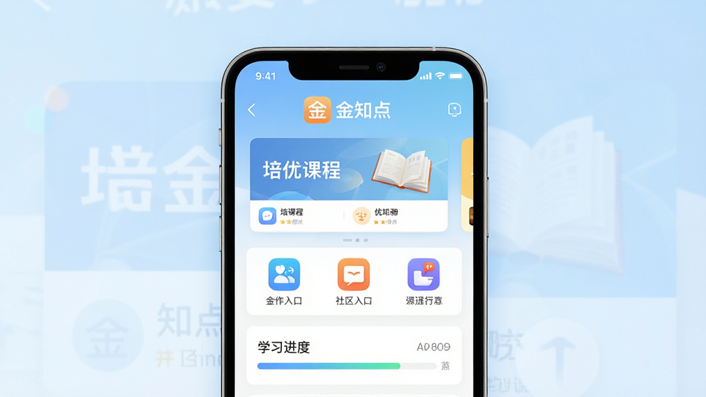 一张展示金知点APP首页界面的手机预览图,画面中央是手机屏幕,屏幕内显示金知点应用主界面,包含培优课程卡片、社区入口图标与学习进度条,背景为简洁的浅蓝色渐变,布局居中对称,风格现代清新,细节清晰可见应用图标与文字“金知点”,画质高清,干净无多余元素