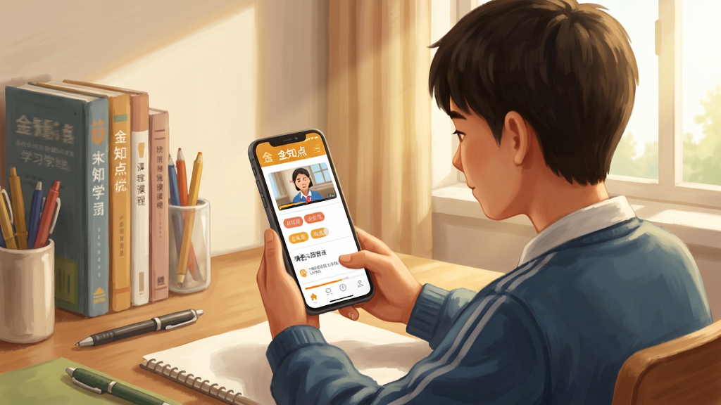 一幅展示金知点培优课程学习场景的插画,画面主体为一位学生坐在书桌前使用手机观看金知点课程视频,手机屏幕显示课程列表与知识点标签,画面左侧是整齐排列的书籍与文具,右侧是窗外的明亮光线,布局左右平衡,风格温暖写实,细节包括手机上的“金知点”字样与课程进度条,画质高清,干净无多余元素