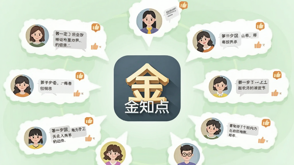 一幅描绘金知点社区互动场景的图片,画面中多位用户头像以气泡形式围绕中心的金知点应用图标,气泡内显示讨论文字与点赞图标,背景为柔和的浅绿色,布局呈放射状,风格扁平化插画,细节包括“金知了社区”文字标识与交流符号,画质高清,干净无多余元素