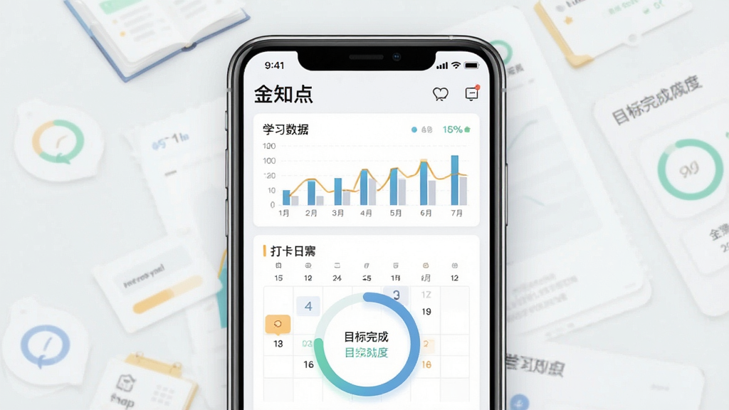 一张展示金知点学习进度管理界面的示意图,画面中心是手机屏幕,屏幕内显示学习数据图表、打卡日历与目标完成度圆环,背景为淡灰色,布局简洁明了,风格商务简约,细节包括“金知点”应用名称与数据标签,画质高清,干净无多余元素