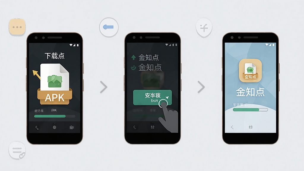 一张展示金知点安卓手机安装步骤的示意图,画面分为三个步骤图标横向排列,第一步显示下载APK文件,第二步显示点击安装按钮,第三步显示应用启动成功界面,背景为浅灰色,布局水平居中,风格扁平化教程插图,细节包括“金知点”文字与安装进度条,画质高清,干净无多余元素