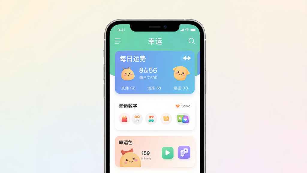 一张手机屏幕展示幸运APP主界面的图片,画面中央是手机正视图,屏幕内显示“幸运”软件首页,包含每日运势卡片、幸运数字和幸运色模块,布局简洁清晰,排版整齐,风格为现代扁平化UI设计,细节上手机边框圆润,背景为浅色渐变,画质高清,干净,无多余元素