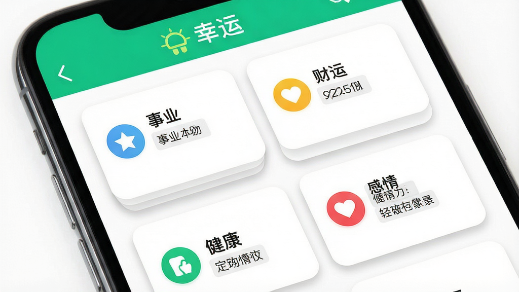 一张展示幸运APP每日运势页面的图片,画面主体为手机屏幕特写,屏幕内显示“幸运”软件的运势详情页,包含事业、财运、感情、健康四个板块的图标和文字说明,布局为上下排列的卡片式设计,风格为清新简约风,细节上卡片带有轻微阴影效果,背景为白色,画质高清,干净,无多余元素