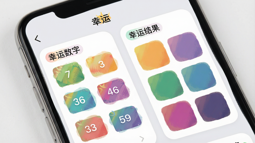 一张展示幸运APP幸运数字与幸运色查询界面的图片,画面主体为手机屏幕,屏幕内显示“幸运”软件中幸运数字和幸运色的查询结果页面,包含数字展示区和色块展示区,布局左右分栏,风格为柔和圆角设计,细节上色块颜色鲜明,数字字体醒目,背景为浅灰色,画质高清,干净,无多余元素