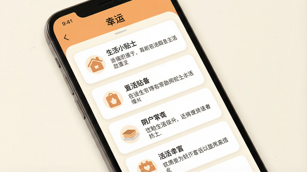 一张展示幸运APP生活小贴士页面的图片,画面主体为手机屏幕,屏幕内显示“幸运”软件的生活小贴士列表页,包含多条图文并茂的贴士卡片,布局为纵向列表,风格为温馨生活风,细节上卡片带有小图标和摘要文字,背景为米白色,画质高清,干净,无多余元素