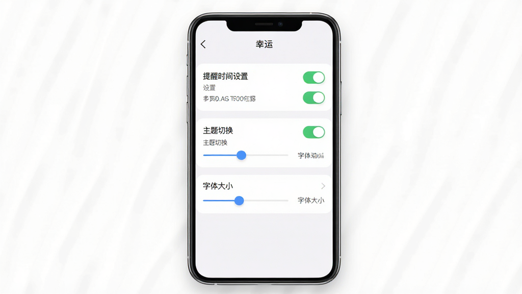 一张展示幸运APP个性化设置页面的图片,画面主体为手机屏幕,屏幕内显示“幸运”软件的设置界面,包含提醒时间设置、主题切换、字体大小调节等选项,布局为分组列表,风格为极简商务风,细节上开关按钮和滑块控件清晰可见,背景为白色,画质高清,干净,无多余元素