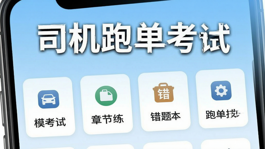 手机屏幕中显示司机跑单考试软件主界面,界面顶部有醒目的“司机跑单考试”文字标题,下方排列着模拟考试、章节练习、错题本、跑单技巧等功能模块图标,背景为浅蓝色渐变,风格简洁商务,细节清晰,画质高清,干净无多余元素