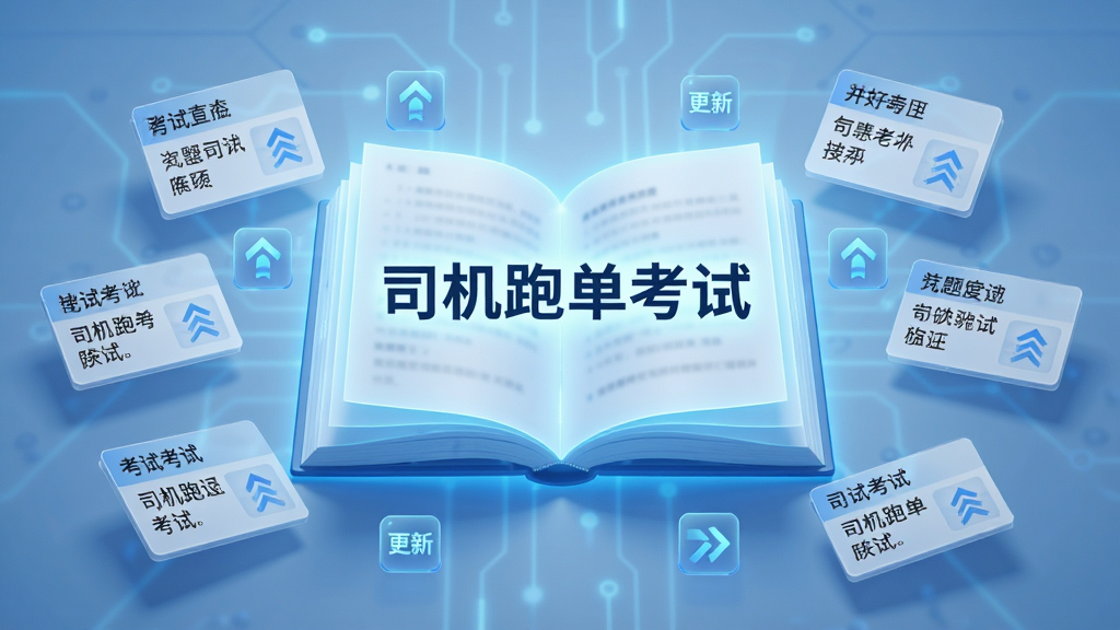 AI生图,画面中央是一本发光的电子题库书本,书页上浮现出“司机跑单考试”字样,书本周围环绕着各种考试题目卡片和更新的箭头图标,背景是柔和的科技蓝光,布局居中对称,风格现代科技感,细节丰富,画质超清,干净无多余元素