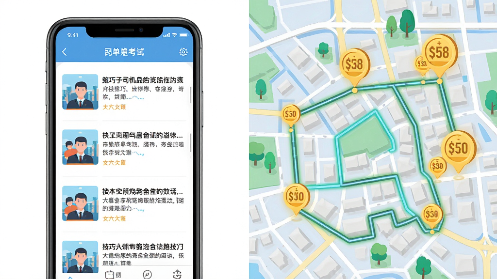 AI生图,画面分为左右两部分,左侧是手机屏幕显示司机跑单考试的技巧文章列表,右侧是城市地图上多条高亮接单路线和金币收益图标,整体布局清晰,风格扁平化插画,色彩明快,细节丰富,画质清晰,干净无多余元素