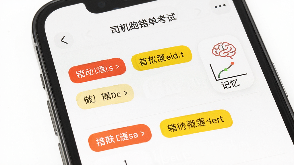 AI生图,手机屏幕特写,屏幕中显示司机跑单考试的错题本界面,错题按照红色和黄色标签分类排列,旁边有一个大脑图标和记忆曲线图标,背景为白色,风格简约清新,细节清晰,画质高清,干净无多余元素