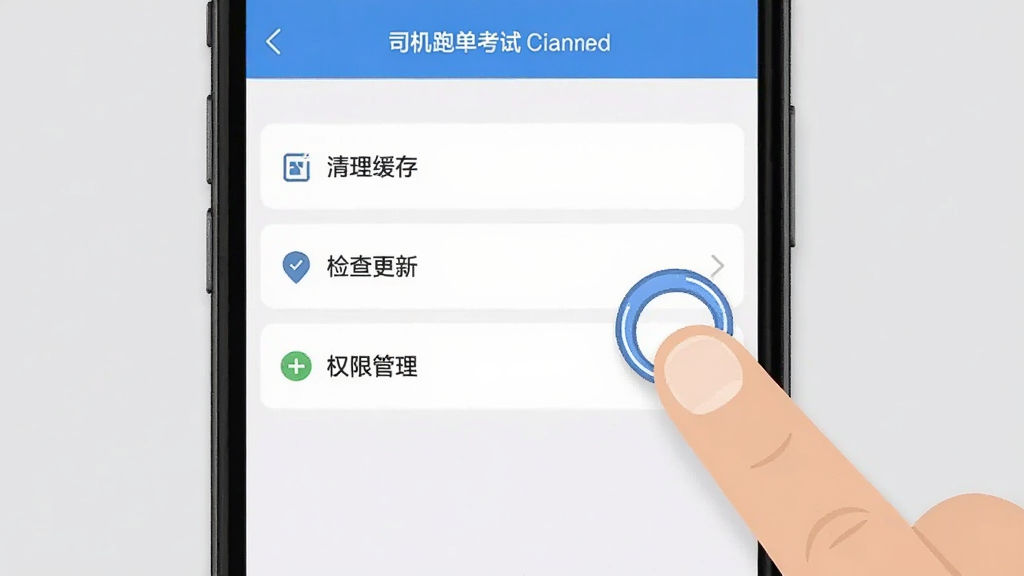 手机屏幕显示司机跑单考试的设置页面,页面中有清理缓存、检查更新、权限管理等选项,旁边有手指点击的示意,背景为浅灰色,风格简洁扁平,细节清晰,画质高清,干净无多余元素