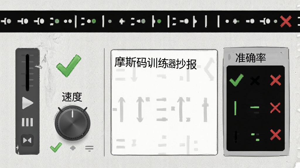 摩斯码训练器抄报模拟界面,画面左侧为音频播放控制条和速度调节旋钮,右侧为文本输入框与准确率统计面板,屏幕上方滚动显示摩斯码点划序列,背景为浅灰色纸张纹理,布局左右分栏,风格简洁办公风,细节包含绿色对勾与红色叉号标记,画质清晰,干净无多余元素