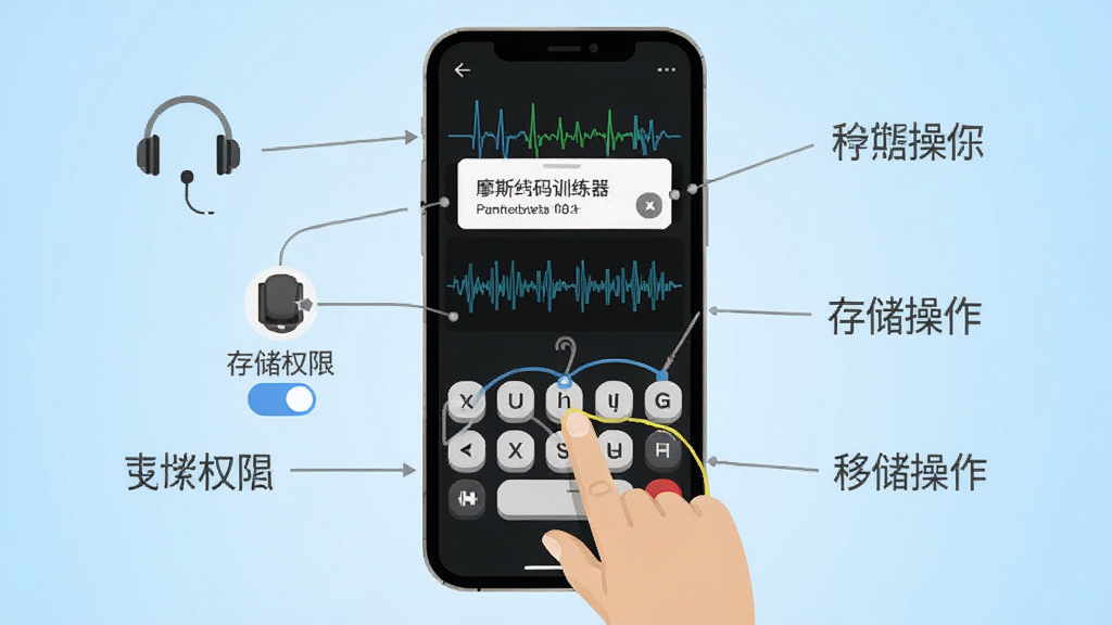 摩斯码训练器移动端操作示意图,画面展示一部智能手机屏幕,上面有手指点击虚拟电键的动作轨迹,旁边标注耳机图标和存储权限开关,背景为浅蓝色渐变,布局为手机居中加标注引线,风格扁平化教学插图,细节包含权限弹窗和波形反馈,画质清晰,干净无多余元素