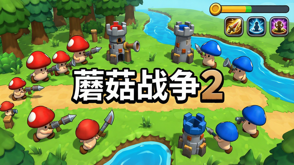 一幅色彩明快的微观战场全景图,画面中央是“蘑菇战争2”标题文字,四周分布着红蓝两方蘑菇战士,有的手持武器冲锋,有的在搭建防御塔,背景是森林与河流交织的卡通地形,画面右上角有资源进度条与技能图标,整体风格为卡通渲染,细节丰富,画质清晰干净,无多余元素
