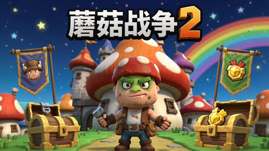 生图提示词:一幅“蘑菇战争2”赛季更新宣传图,画面中央是全新英雄角色站在蘑菇城堡前,周围有赛季旗帜与奖励宝箱,背景是星空与彩虹,风格为卡通渲染,文字“蘑菇战争2”位于画面顶部,画质清晰,干净无多余元素