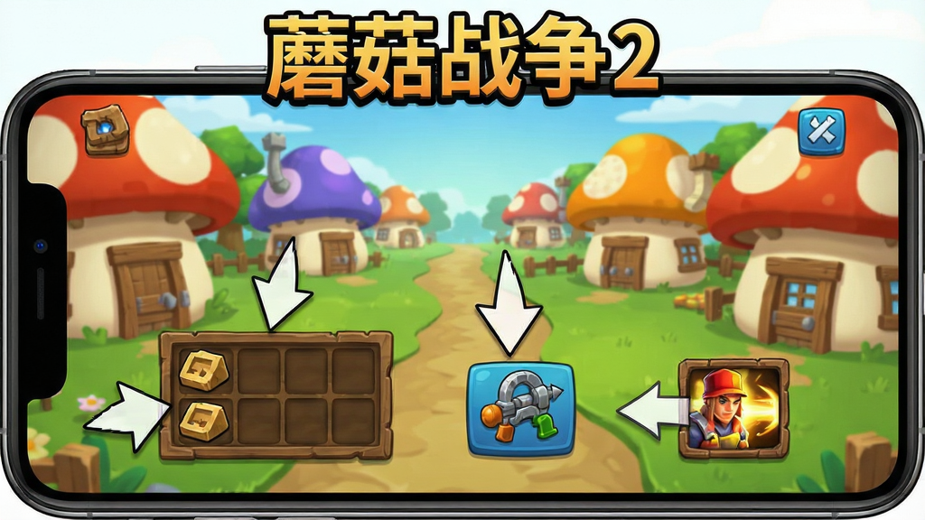生图提示词:一张“蘑菇战争2”新手引导界面图,画面中手机屏幕显示游戏主界面,有箭头指向资源栏、兵种按钮和英雄技能图标,背景是卡通蘑菇村庄,画面风格简洁明快,文字“蘑菇战争2”出现在屏幕上方,画质清晰,干净无多余元素