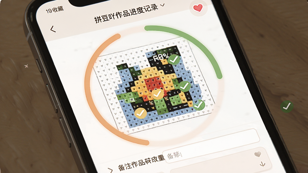拼豆吖作品进度记录界面,主体为手机应用展示拼豆图纸局部高亮与进度百分比,布局为图纸居中、进度条环绕,排版直观,风格柔和温馨,细节包含已完成区域打勾标记、收藏心形图标、备注输入框,画质清晰干净无多余元素