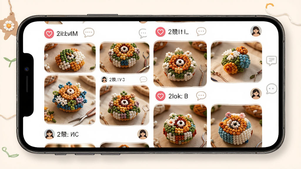 拼豆吖社区作品分享界面,主体为手机屏幕展示多张用户拼豆成品照片瀑布流,布局为双列瀑布流排版,风格温暖手工感,细节包含点赞按钮、评论气泡、用户头像,画质高清干净无多余元素