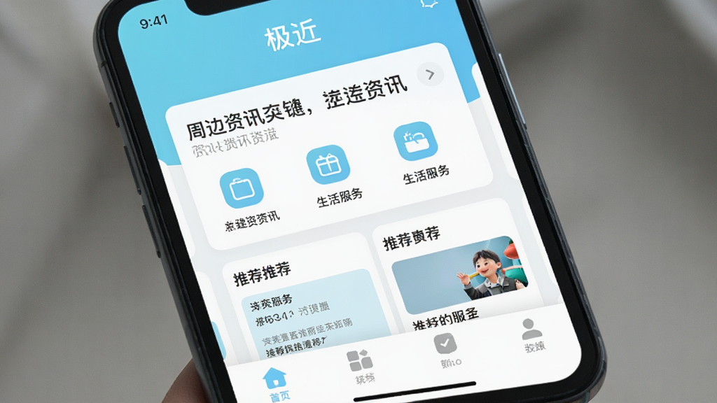 一张手机屏幕展示极近应用主界面的预览图,界面以清新浅蓝色和白色为主色调,顶部显示“极近”文字标识,中间卡片式布局展示周边资讯、生活服务图标和推荐内容,底部导航栏清晰,整体风格简约现代,画质清晰干净,无多余元素
