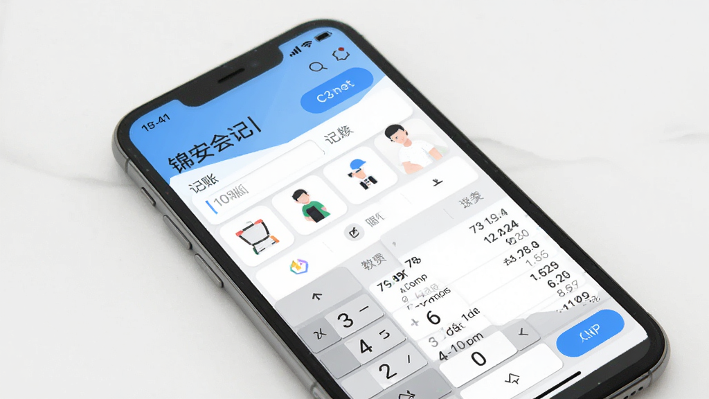主体为一部智能手机,屏幕上显示锦安会记软件主界面,界面包含记账输入框与分类图标,布局居中,排版简洁,风格为现代扁平化,细节上呈现数字键盘与账目列表,画质清晰,干净,无多余元素