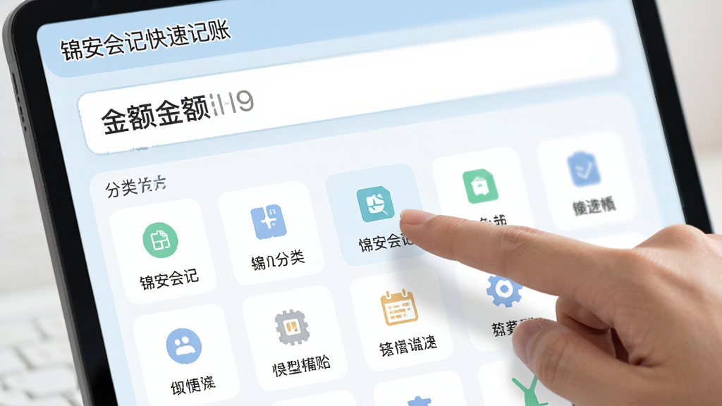 主体为锦安会记快速记账界面,布局为顶部金额输入区与下方分类图标网格,排版整齐,风格为清新浅色,细节上展示手指点击分类图标的动作,画质清晰,干净,无多余元素