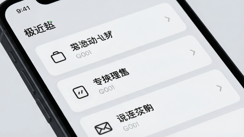 一张手机屏幕特写,画面中显示“极近”应用内的周边动态信息流,卡片式列表排列整齐,每条信息配有简洁图标和标题,背景为柔和的浅灰色,手机边框为深色,整体布局清晰,风格商务简约,画质细腻干净,无杂乱元素