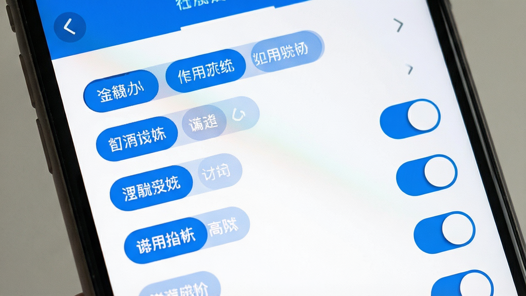 一张展示极近应用个性化订阅设置界面的图片,屏幕中显示多个兴趣标签选项和开关按钮,界面以白色为底,搭配蓝色高亮选中状态,排版整齐有序,风格清新浅色,画质清晰,无多余装饰