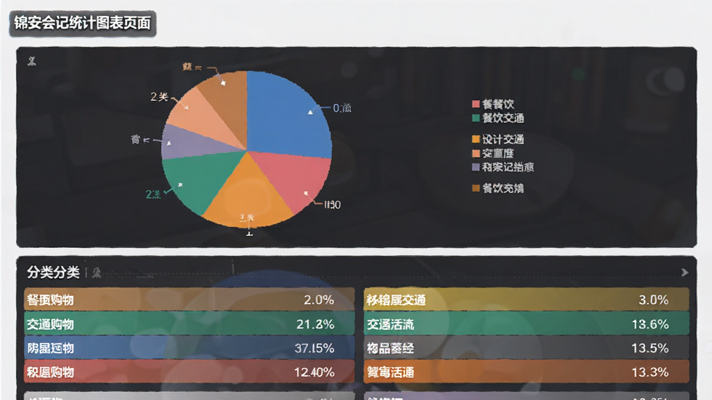 主体为锦安会记统计图表页面,布局为上方饼状图与下方分类列表,排版清晰,风格为简约商务,细节上展示不同颜色区分餐饮交通购物等类别,画质清晰,干净,无多余元素