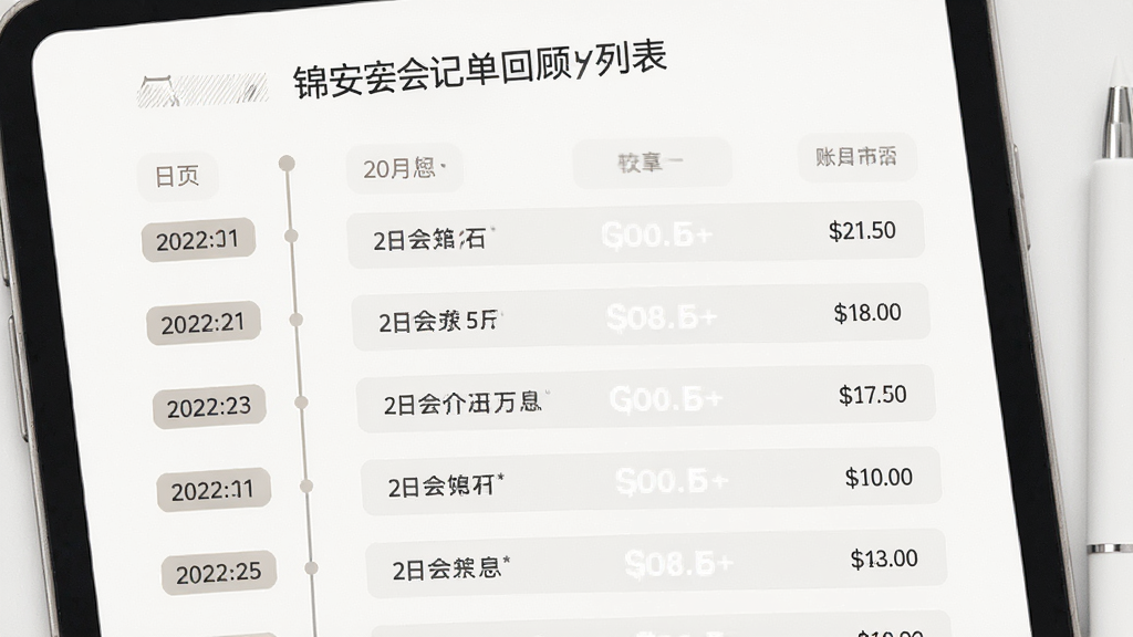 主体为锦安会记账单回顾列表,布局为时间轴与账目条目,排版规整,风格为素雅极简,细节上展示日期标签与金额数字,画质清晰,干净,无多余元素