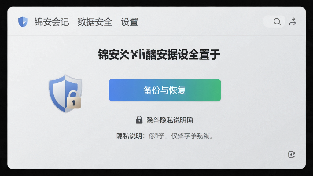 主体为锦安会记数据安全设置界面,布局为备份与恢复按钮及隐私说明文字,排版简洁,风格为浅灰质感,细节上展示盾牌图标与加密标识,画质清晰,干净,无多余元素