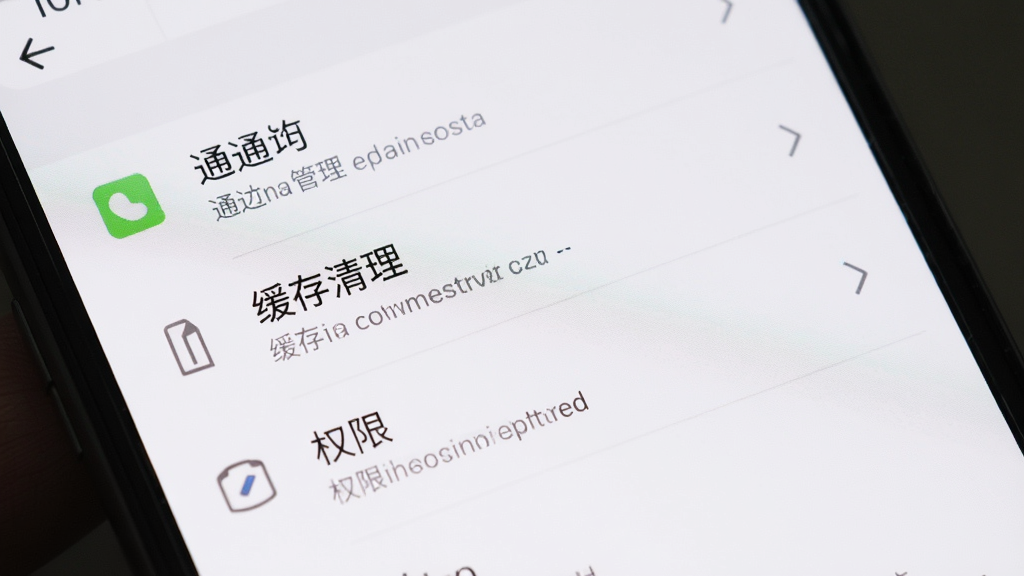 一张手机屏幕显示极近应用设置界面的图片,界面中包含通知管理、缓存清理、权限设置等选项,布局清晰,背景为白色,文字为深灰色,风格素雅极简,画质干净,无多余元素