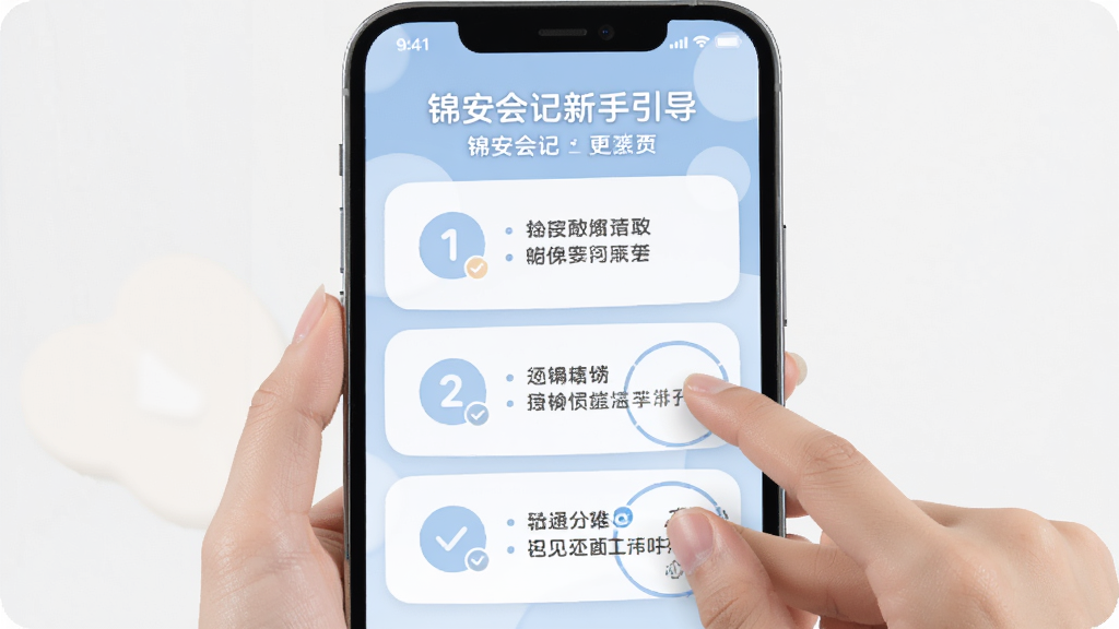 主体为锦安会记新手引导页面,布局为分步图示与文字说明,排版清晰,风格为柔和圆角,细节上展示手机屏幕与操作手势,画质清晰,干净,无多余元素