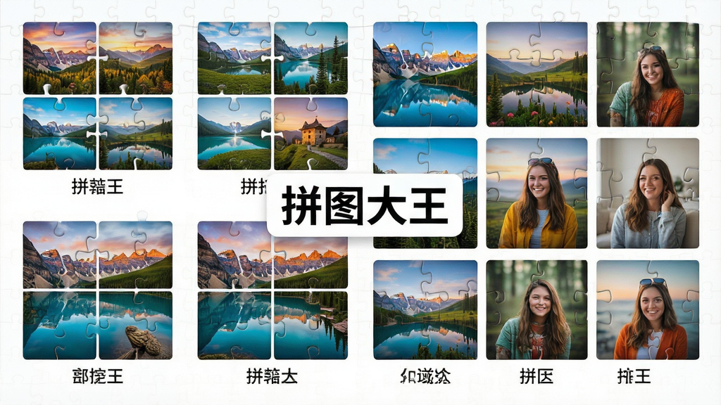 一张展示拼图大王模板库的图片,画面主体是整齐排列的多种拼图模板缩略图,包含两宫格、四宫格、九宫格等不同布局,每款模板中填充着色彩鲜艳的风景和人物照片,布局采用网格状排列,风格为现代扁平化设计,细节上每款模板下方标注模板名称,画面中可见“拼图大王”文字标识,画质高清,干净整洁
