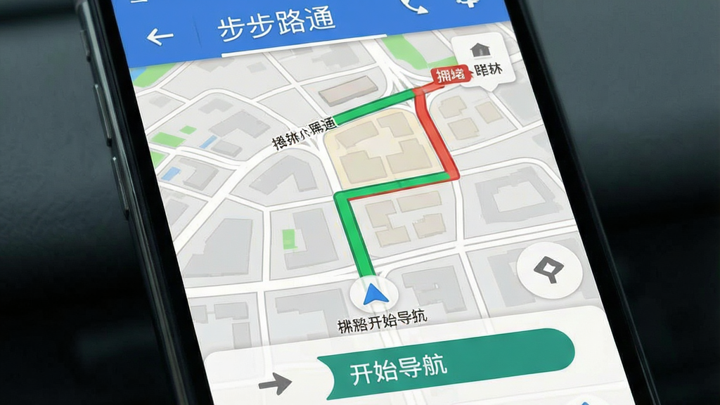 一张手机屏幕展示地图导航应用的界面截图,画面中央是清晰的城市街道地图,地图上标注着一条绿色推荐路线和一条红色拥堵路线,屏幕顶部显示“步步路通”四个字,底部有“开始导航”按钮,整体布局简洁,风格现代扁平化,细节包括道路名称、方向箭头、距离提示,画质清晰,界面干净,无多余元素